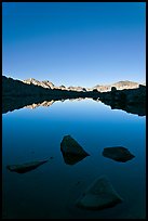 Rocks and calm lake with mountain reflections, early morning, Dusy Basin. Kings Canyon National Park ( color)