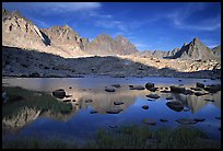 Mt Agasiz, Mt Thunderbolt, and Isoceles Peak reflected in a lake in Dusy Basin, late afternoon. Kings Canyon National Park, California, USA. (color)