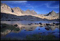 Mt Agasiz, Mt Thunderbolt, and Isoceles Peak reflected in a lake in Dusy Basin, late afternoon. Kings Canyon National Park, California, USA. (color)