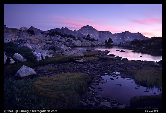 Ponds in Dusy Basin and Mt Giraud, sunset. Kings Canyon National Park, California, USA.