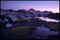 Ponds in Dusy Basin and Mt Giraud, sunset. Kings Canyon National Park, California, USA.