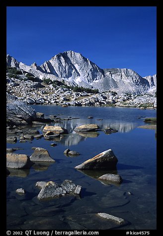 Mt Giraud reflected in a lake in Dusy Basin, morning. Kings Canyon National Park, California, USA.