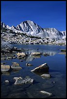 Mt Giraud reflected in a lake in Dusy Basin, morning. Kings Canyon National Park, California, USA.