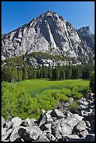 High granite walls above lush meadow. Kings Canyon National Park, California, USA.