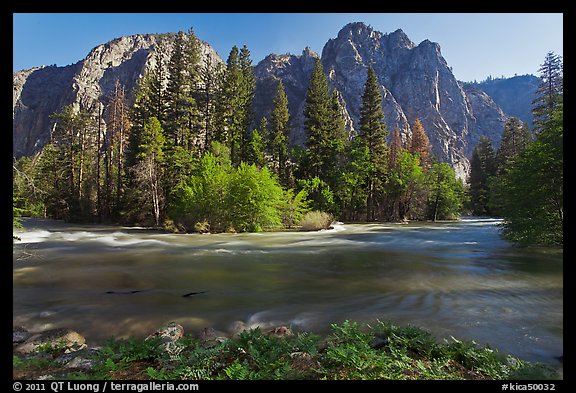 Kings River flowing at the base of high cliffs. Kings Canyon National Park, California, USA.