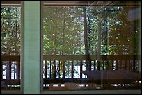 South Forks of the Kings River, Cedar Grove Lodge window reflexion. Kings Canyon National Park, California, USA. (color)