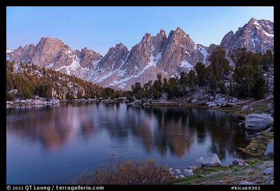 Kearsarge Pinnacles reflected in Kearsarge Lakes, twilight. Kings Canyon National Park (color)