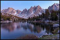 Kearsarge Pinnacles reflected in Kearsarge Lakes, twilight. Kings Canyon National Park ( color)