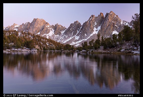 Kearsarge Pinnacles mirorred in Kearsarge Lakes, dusk. Kings Canyon National Park (color)