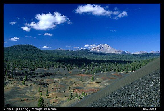Cinder cone, painted dunes, and Lassen Peak, morning. Lassen Volcanic National Park, California, USA.