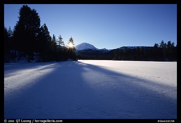 Frozen Manzanita Lake, winter sunrise. Lassen Volcanic National Park, California, USA.