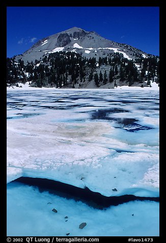 Ice break up in lake Helen and Lassen Peak, early summer. Lassen Volcanic National Park (color)