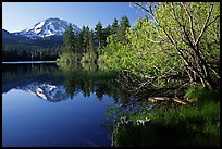 Manzanita lake and Mount Lassen in spring, morning. Lassen Volcanic National Park, California, USA. (color)