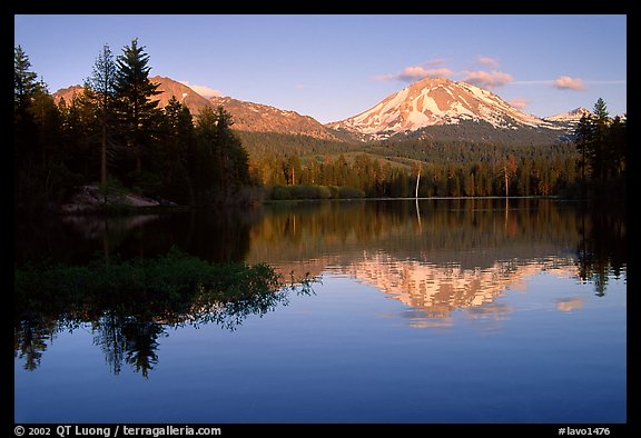 Manzanita lake and Mount Lassen in early summer, sunset. Lassen Volcanic National Park, California, USA.