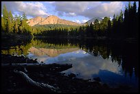 Reflection lake and Chaos Crags, sunset. Lassen Volcanic National Park, California, USA.