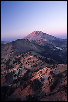 Mt Diller, Pilot Pinnacle, and Lassen Peak from Brokeoff Mountain, sunset. Lassen Volcanic National Park, California, USA. (color)