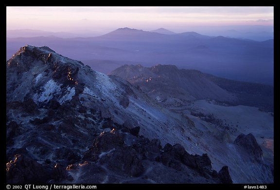 Summit of Lassen Peak with volcanic formations, sunset. Lassen Volcanic National Park, California, USA.