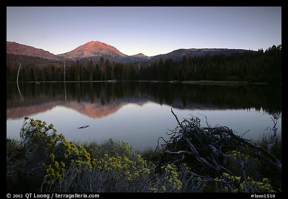 Manzanita lake and  Mount Lassen in late summer, sunset. Lassen Volcanic National Park, California, USA.