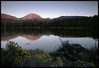 Manzanita lake and  Mount Lassen in late summer, sunset. Lassen Volcanic National Park, California, USA.