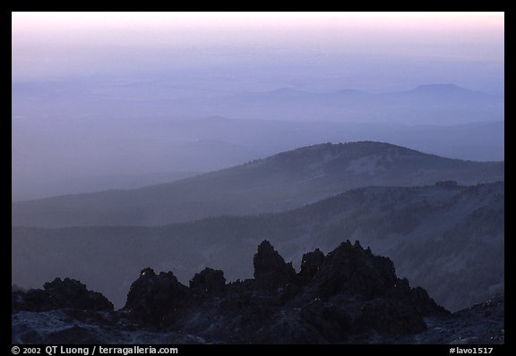 Ridges and volcanic rocks from  summit of Lassen Peak, sunset. Lassen Volcanic National Park (color)