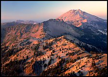 Chain of peaks leading to Lassen Peak, sunset. Lassen Volcanic National Park, California, USA. (color)