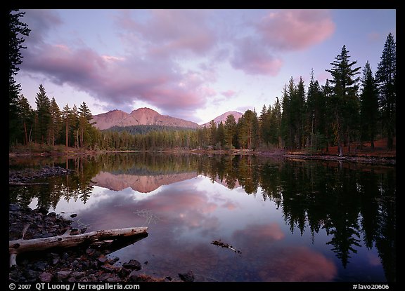 Reflection lake and Chaos Crags, sunset. Lassen Volcanic National Park (color)