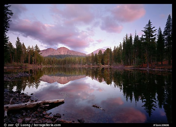 Reflection lake and Chaos Crags, sunset. Lassen Volcanic National Park, California, USA.