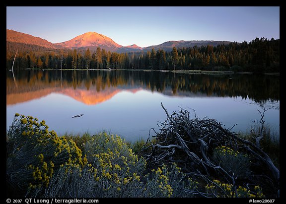 Manzanita lake and  Mount Lassen in late summer, sunset. Lassen Volcanic National Park (color)