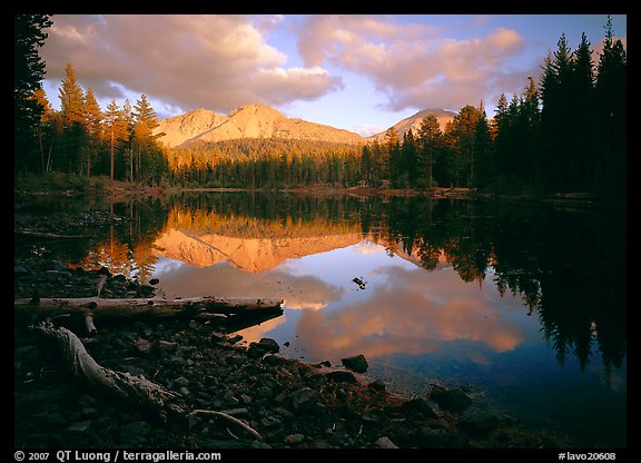 Reflection lake and Chaos Crags, sunset. Lassen Volcanic National Park, California, USA.