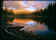 Reflection lake and Chaos Crags, sunset. Lassen Volcanic National Park, California, USA. (color)