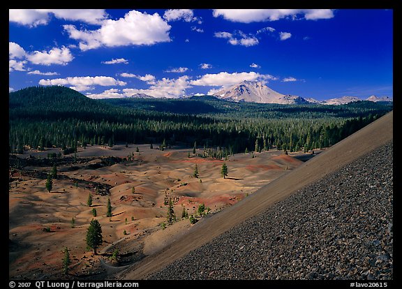 Painted dunes and Lassen Peak seen from Cinder cone slopes. Lassen Volcanic National Park, California, USA.