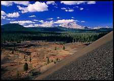 Painted dunes and Lassen Peak seen from Cinder cone slopes. Lassen Volcanic National Park, California, USA.