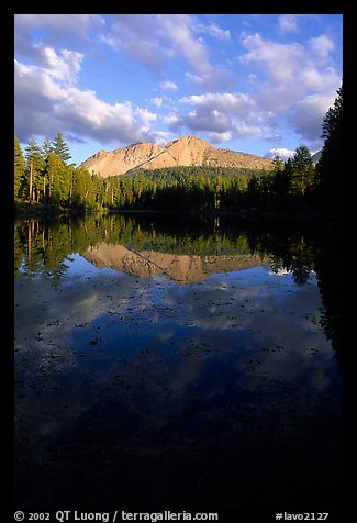 Reflection lake and Chaos Crags, sunset. Lassen Volcanic National Park, California, USA.