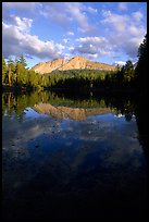 Reflection lake and Chaos Crags, sunset. Lassen Volcanic National Park, California, USA.