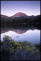 Manzanita lake and Mount Lassen in late summer, sunset. Lassen Volcanic National Park, California, USA. (color)