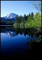 Manzanita lake and Mount Lassen in spring, morning. Lassen Volcanic National Park, California, USA.