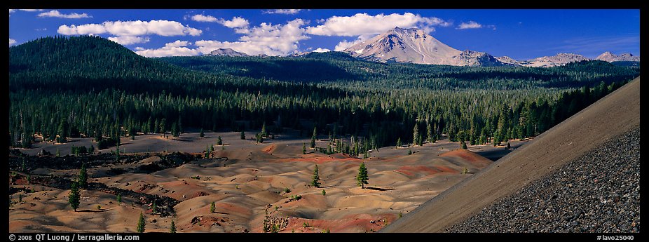 Painted dunes and Lassen Peak from Cinder Cone. Lassen Volcanic National Park, California, USA.