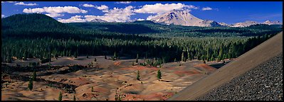 Painted dunes and Lassen Peak from Cinder Cone. Lassen Volcanic National Park (Panoramic color)
