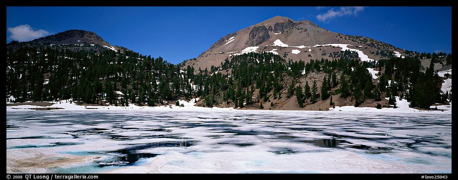 Melting ice in lake and Lassen Peak. Lassen Volcanic National Park (color)