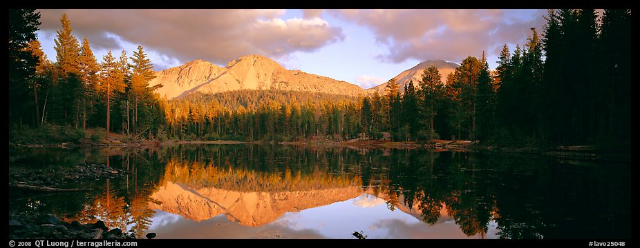 Chaos Crags reflected in lake at sunset. Lassen Volcanic National Park, California, USA.