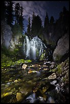 Wide view of Kings Creek Falls and starry sky. Lassen Volcanic National Park ( color)