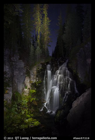 Kings Creek Falls and trees at night. Lassen Volcanic National Park, California, USA.