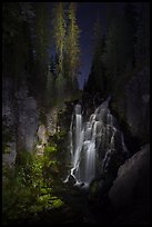 Kings Creek Falls and trees at night. Lassen Volcanic National Park, California, USA.