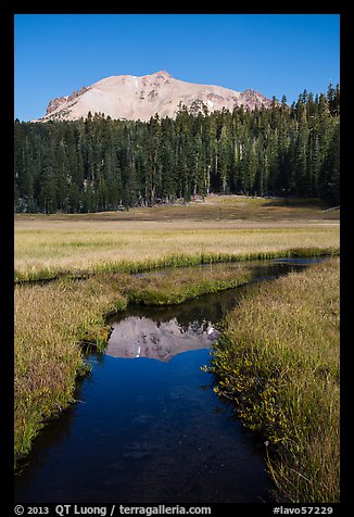 Lassen Peak reflected in Kings Creek stream. Lassen Volcanic National Park (color)