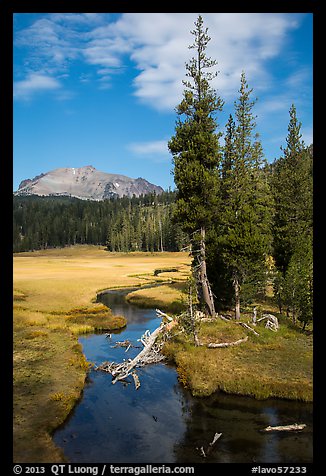 Kings Creek, meadow, and Lassen Peak. Lassen Volcanic National Park, California, USA.