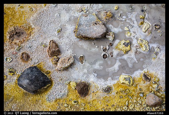 Ground close-up of sulfure deposits and mud. Lassen Volcanic National Park, California, USA.