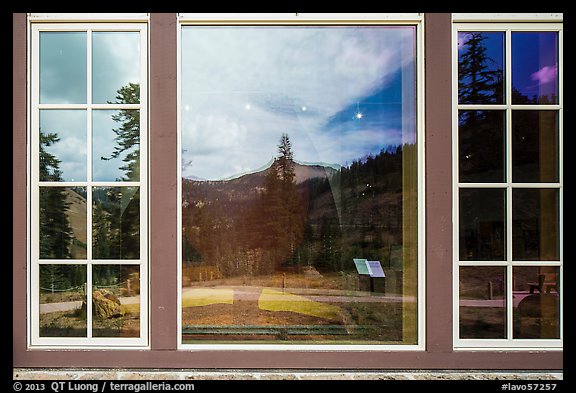 Forest and Peaks, Visitor Center window reflexion. Lassen Volcanic National Park (color)