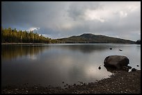 Raindrops in Juniper Lake. Lassen Volcanic National Park, California, USA.