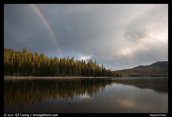 Rainbow and clearing storm, Juniper Lake. Lassen Volcanic National Park, California, USA.