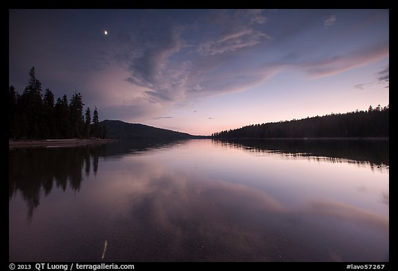 Moon and reflection, Juniper Lake. Lassen Volcanic National Park, California, USA.